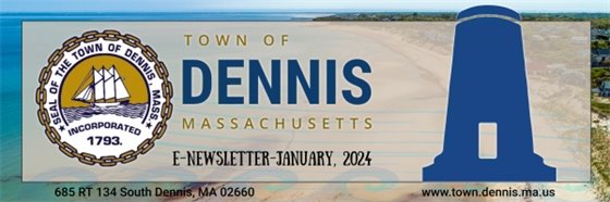 Banner with Dennis Town Seal, beach scene and Scargo Tower graphic