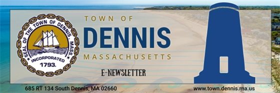 Banner with Dennis Town Seal, beach scene and Scargo Tower graphic